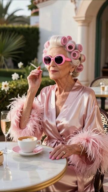 Модная бабушка с коктейлем и кофе бабуля модная тренд стиль