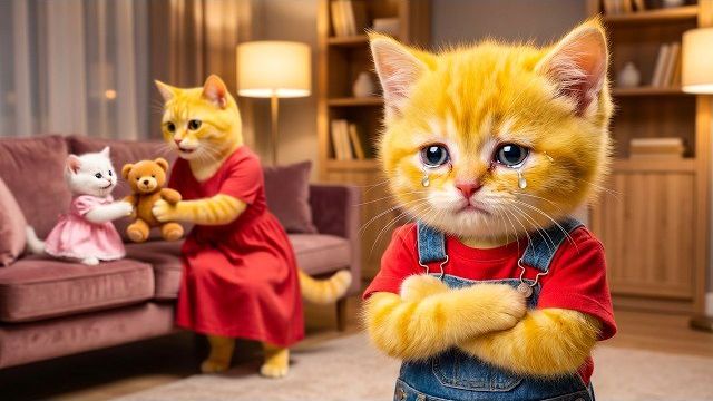 Рыжий котёнок расстраивается, когда мама-кошка отдаёт игрушки другому котёнку – концовка удивляет