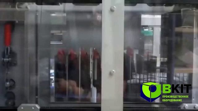 Кейспакер (картонатор) с серво-транспортёром набора группы пакетов и её сдвига в короб сверху