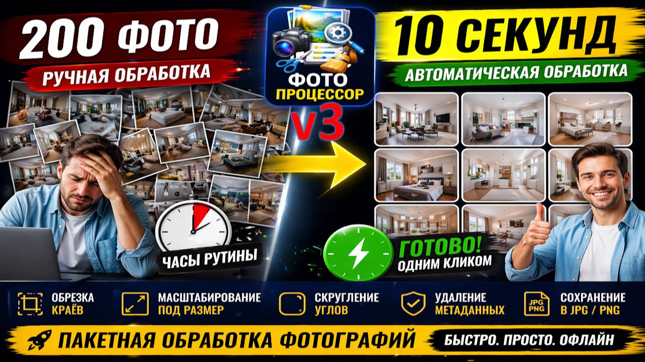 200 фото → 10 секунд | Пакетная обработка фото (Фотопроцессор V3)