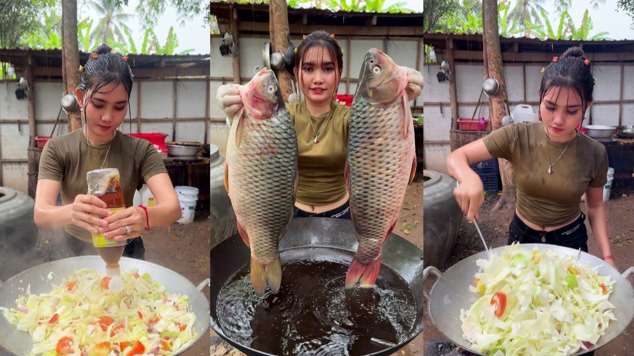 Девушка показывает потрясающий рецепт приготовления жареной рыбы, тушенной во фритюре