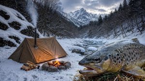 Одиночный поход глубокой зимой, палатка с печкой рыбалка и готовка.