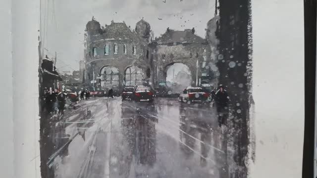 Простая акварельная живопись ~ Дождливый городской пейзаж