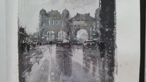 Простая акварельная живопись ~ Дождливый городской пейзаж