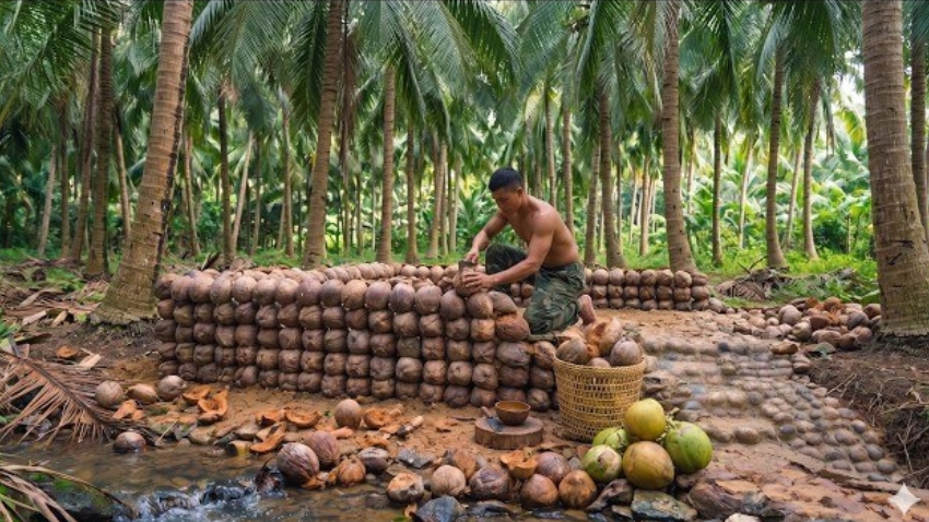 Человек строит удивительный дом из скорлупы кокосовых орехов. Бушкрафт.