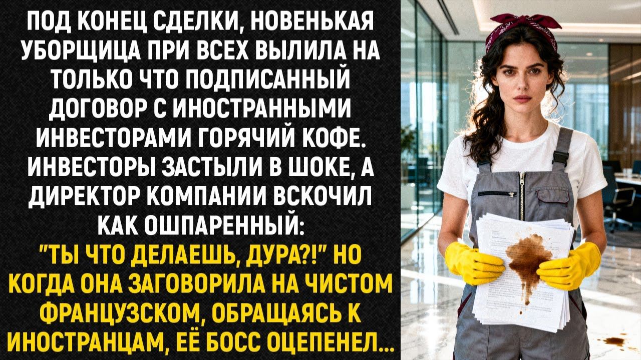 Под конец сделки, новенькая уборщица при всех вылила на только что подписанный договор горячий кофе