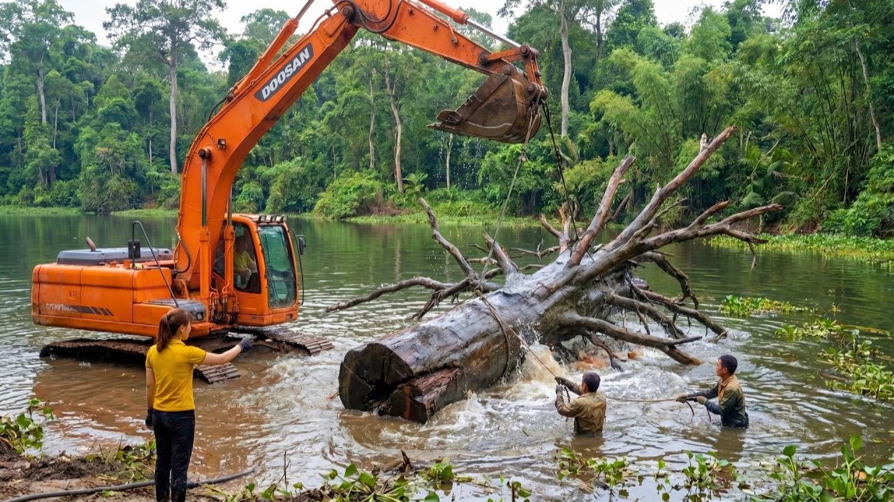 С помощью экскаватора достали из глубины тысячелетнее дерево, чтобы построить из него деревянный дом
