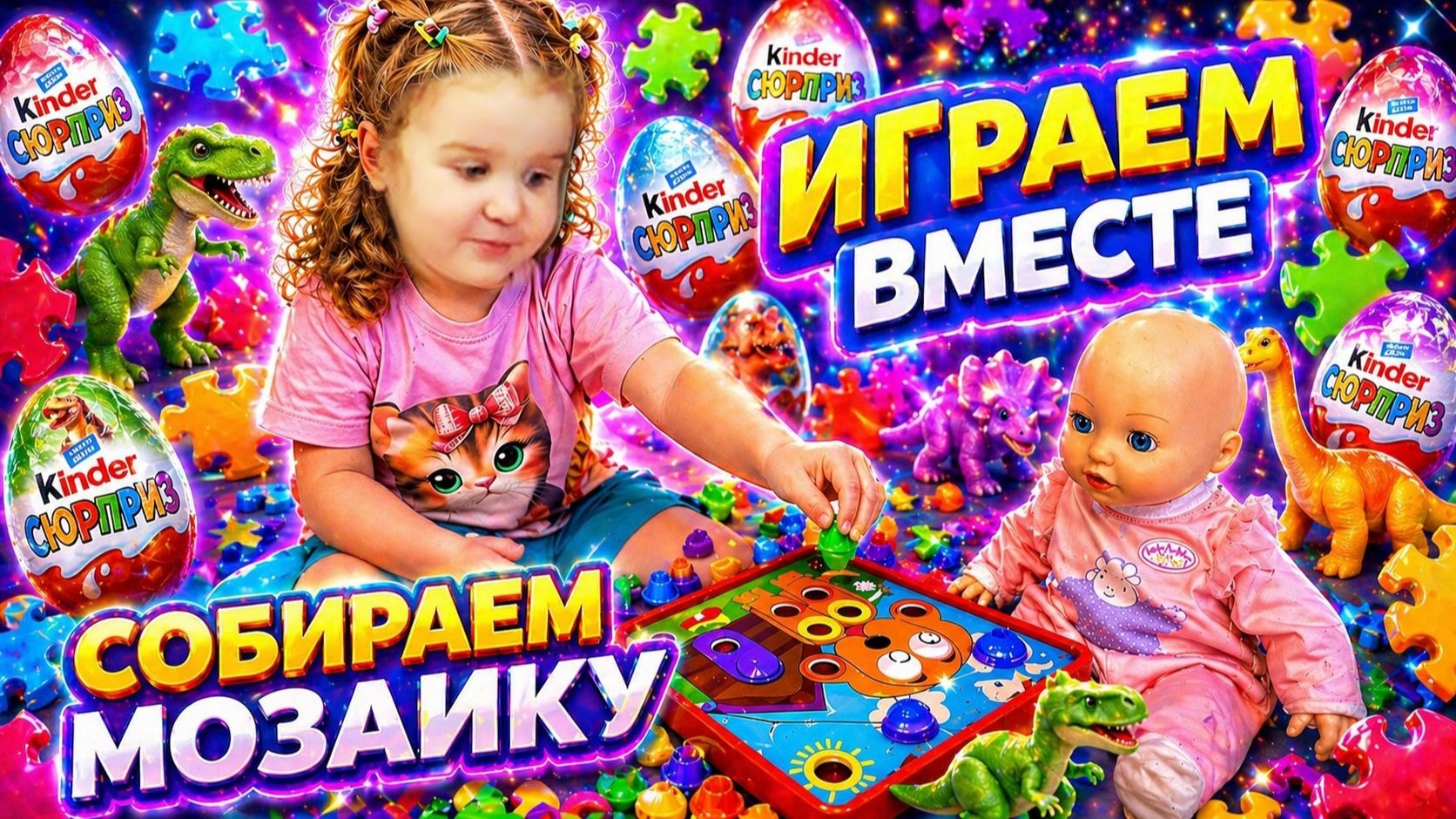 СОБИРАЕМ МОЗАИКУ 🧩 и открываем КИНДЕР СЮРПРИЗ 🥚! Коллекция Динозавров 🦖. Играем вместе