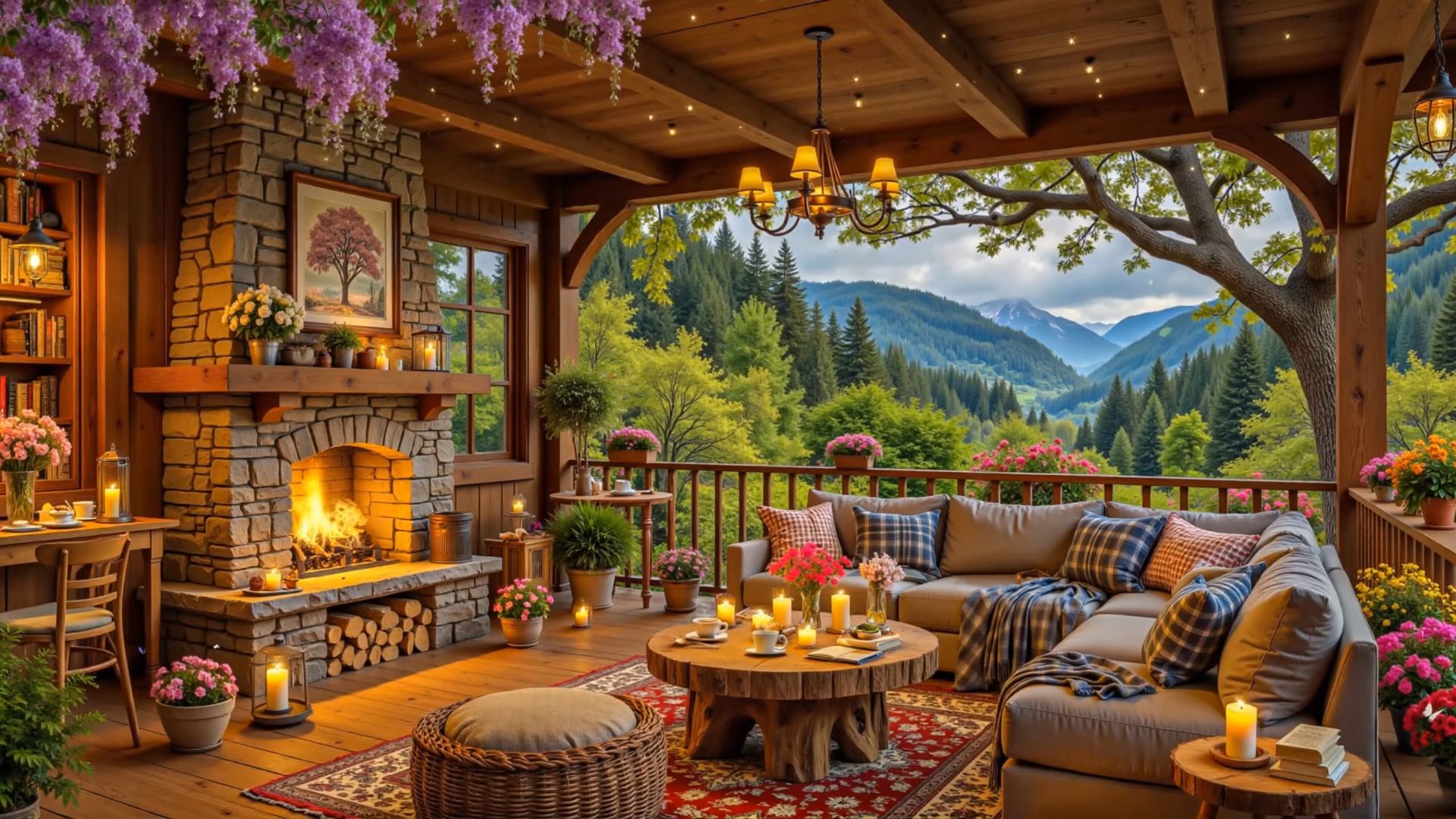  Уютный камин на террасе в горах  Тёплая атмосфера для отдыха релакса и уюта