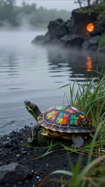Красочная черепаха у воды #черепаха #природа