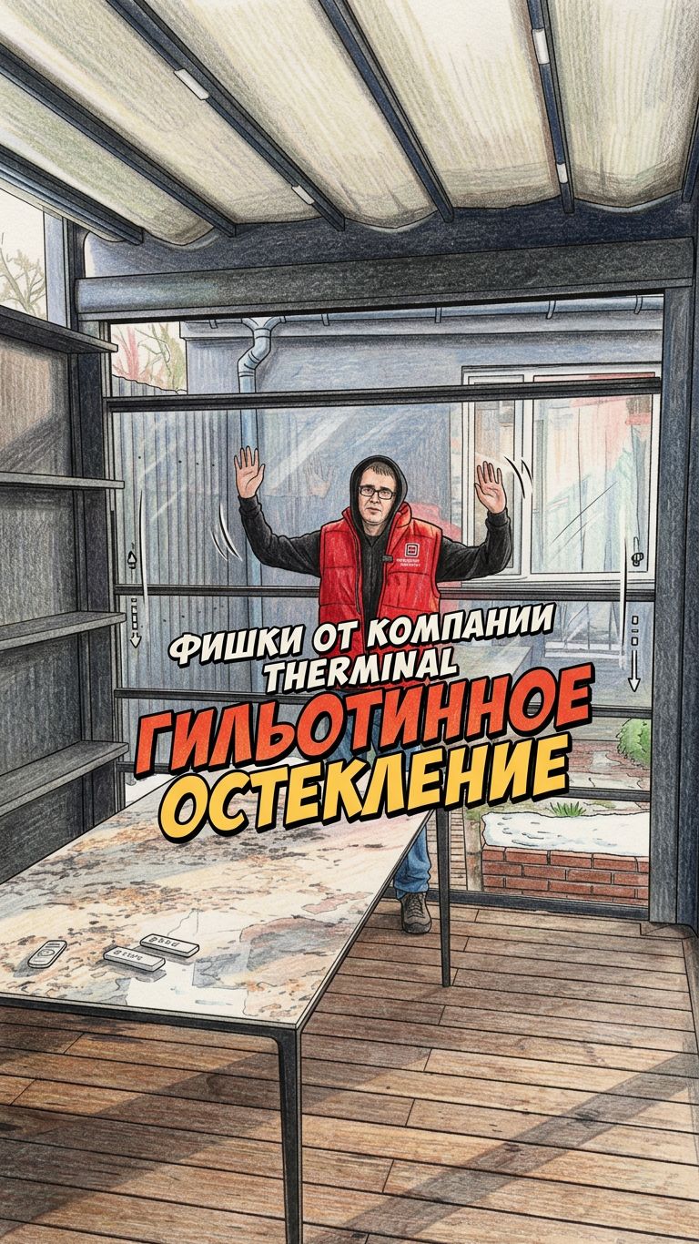 Мы в шоуруме системного дома THERMINAL. Гильотинная система остекления LARGOT.