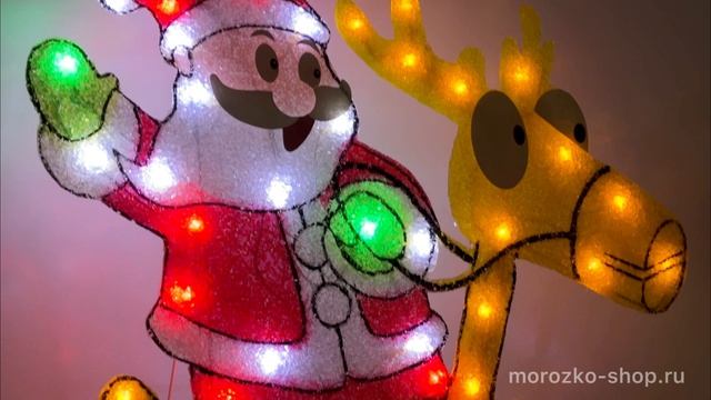 Световое панно на подставке САНТА НА ОЛЕНЕ, с разноцветными LED-лампами, 61x67 см, PKQE080149