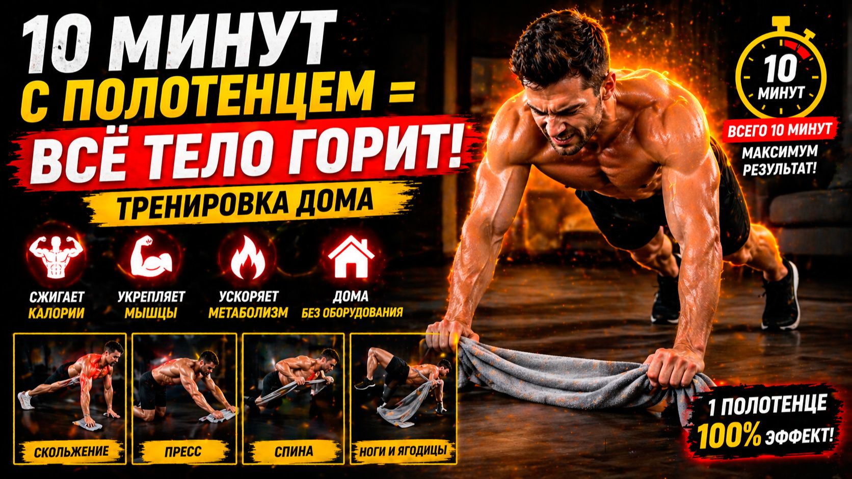 🔥 10 МИНУТ С ПОЛОТЕНЦЕМ = ВСЁ ТЕЛО ГОРИТ! Тренировка ДОМА