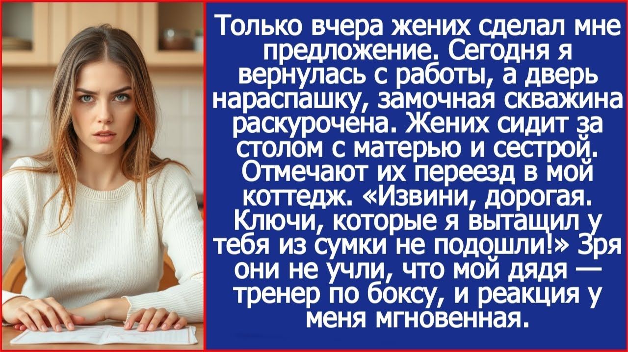 Замочная была скважина раскурочена. Жених сидел за столом с матерью и сестрой. Отмечали их переезд