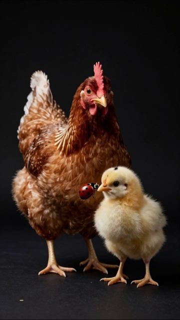 Мама-курица и её цыплёнок с божьей коровкой! #курица #цыплёнок #птицы