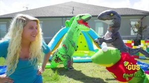 Gus the Gummy Gator Pretend Play Water Balloon Fight with Giant Dinosaurs in Real Life