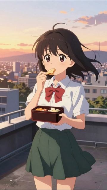 Солнечный вечер и ужин на крыше аниме девушка еда вечер