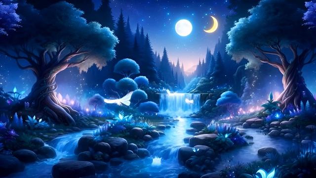 Красивый вид, луна, ручей, бабочки