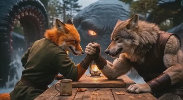 Прикол! Лиса и Волк борятся на руках и Кракен тут