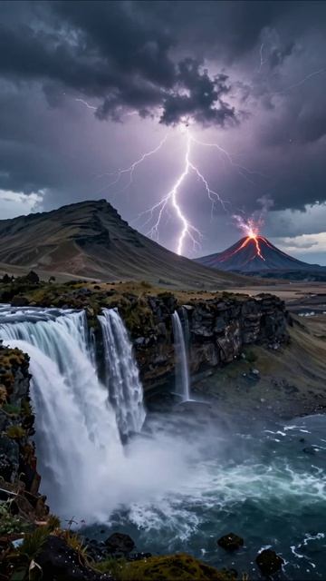 Природные стихии: вулкан и молния #природа #вулкан #молния #водопад