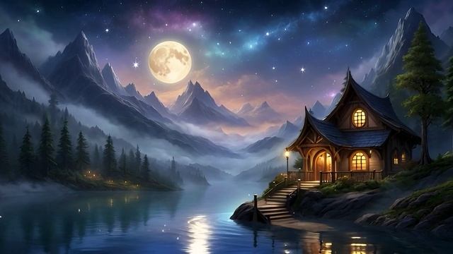 Красивый вид, луна, озеро, дом