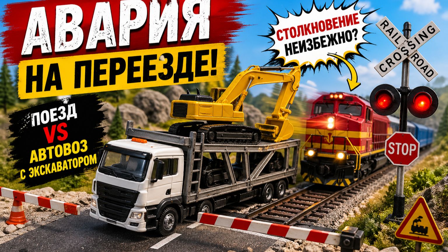 Игрушечная авария на переезде! Поезд Vs автовоз с экскаватором 🚂 Мультик с машинками и спецтехникой