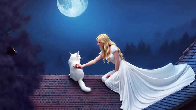 Женщина и кошка на крыше