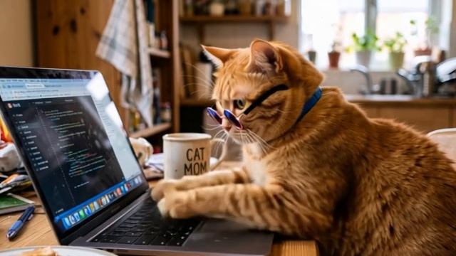 Прикол! Кошка сидит на стуле за ноутбуком