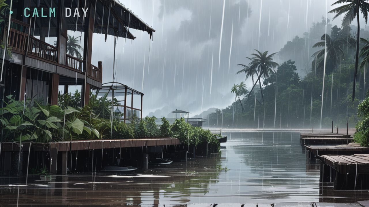 Дождь над рекой в джунглях — спокойная анимация природы для сна