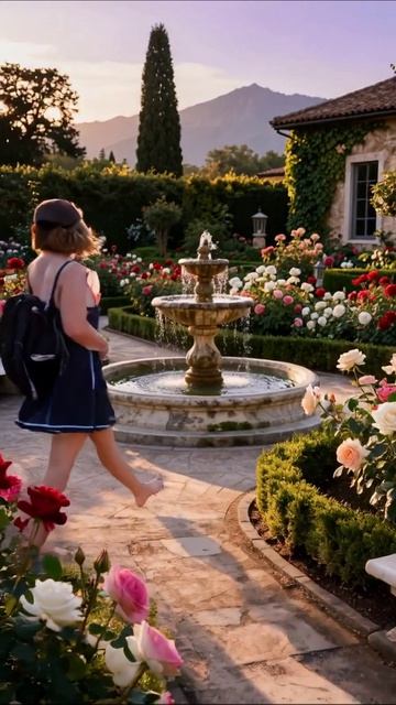 Очарование розового сада с фонтаном #цветы #сад #красота