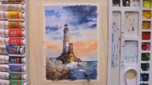 Акварельный рисунок  красивого морского пейзажа с маяком