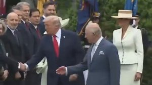 На кадрах видно, как Трамп проходит мимо королевской семьи, игнорируя хилую лапку трехпалочного Карл