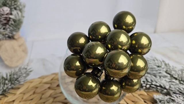 ГРОЗДЬ стеклянных эмалевых шариков на проволоке, 12 шаров по 25 мм, цвет: зелёный мох, 713052