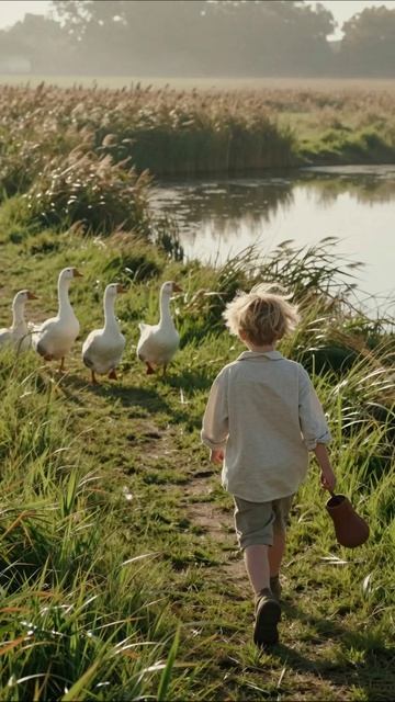 Мальчик и гусята: утренние приключения на природе #природа #детство #гуси