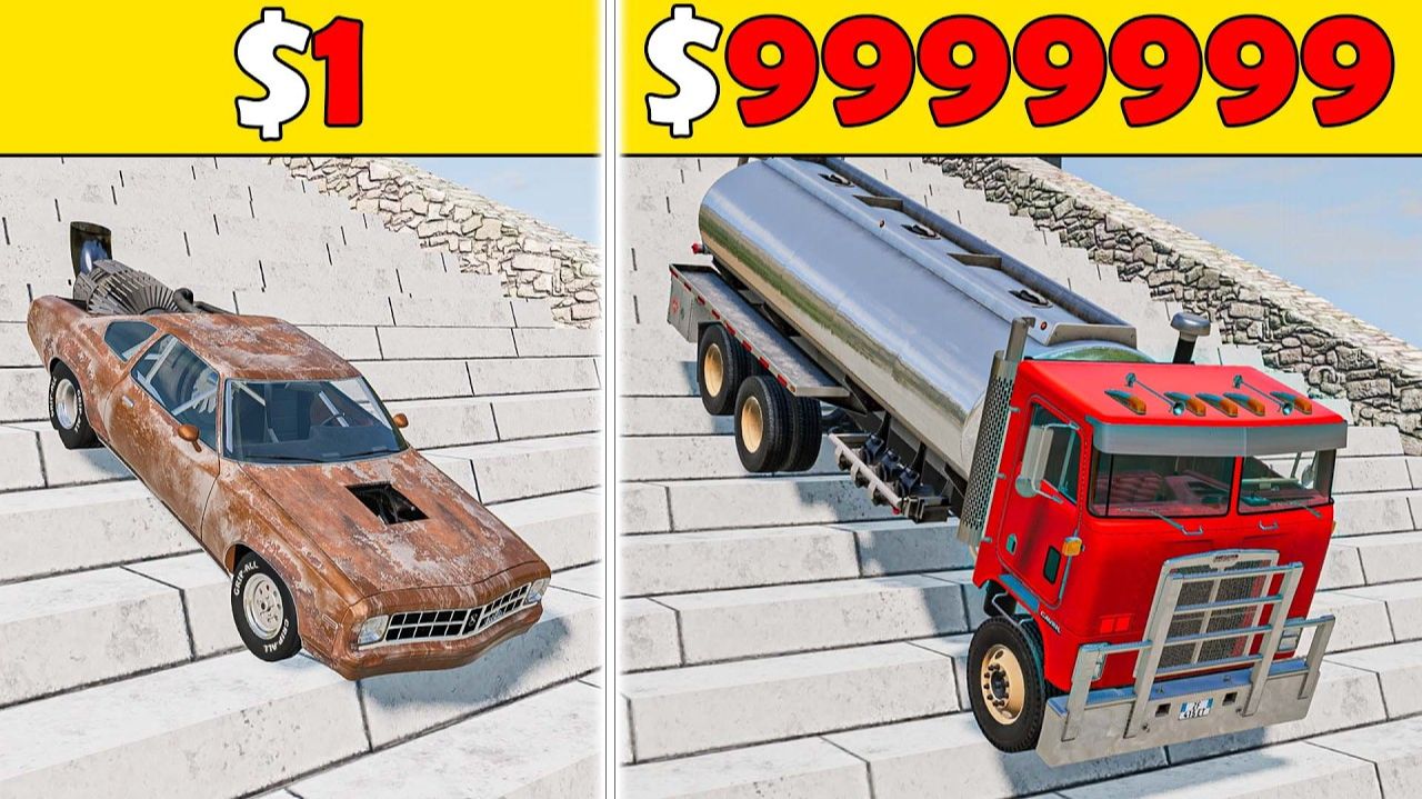 Даунхилл Челлендж: Машины против лестниц и моста с американскими горками | BeamNG.Drive. Мультики