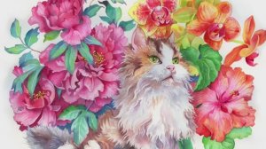 Акварельный портрет кошки с цветами 🌹🐱 Процесс рисования