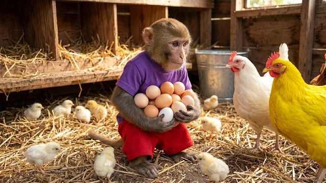 Обезьянка НАНА: Собираем куриные яйца. Фермерский дом. Экскаватор-погрузчик JCB  помогает обезьянке