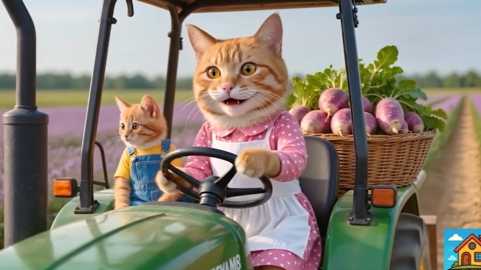 Котёнок-имбирник покупает мини-экскаватор, чтобы помочь маме кошке собрать урожай фиолетовой редьки