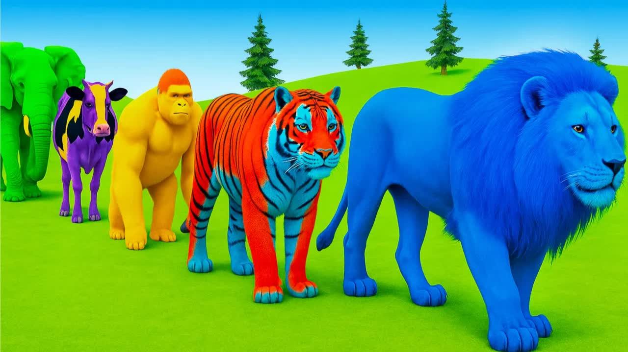 Забавная длинная 3D игра-горка с коровами, слонами, гориллами, бегемотами, тиграми