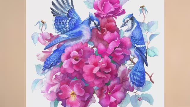 Розы и голубые сойки 🌹 Процесс рисования акварелью [от начала до конца]