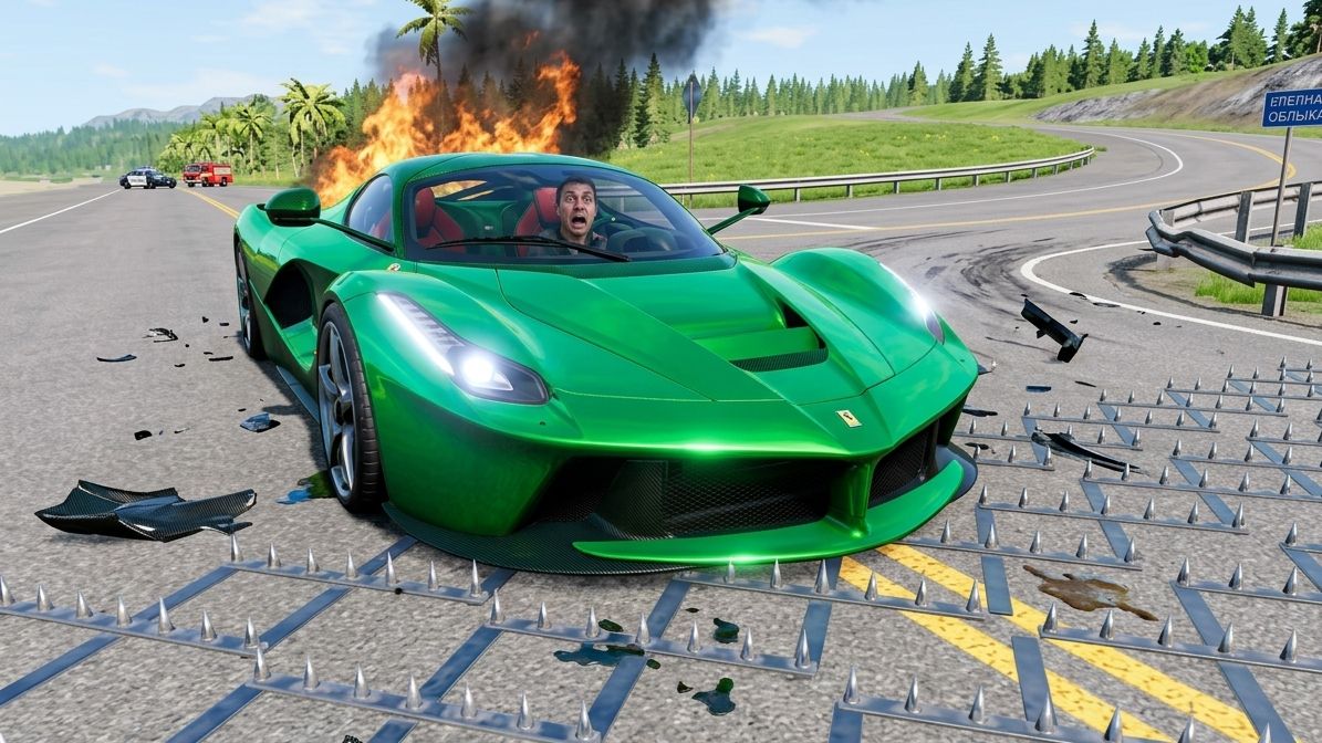 BeamNG Drive - Массивная авария с использованием шипованной ленты и столкновения автомобилей