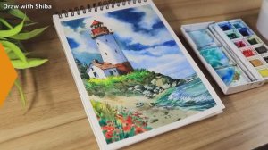 Акварельный пейзаж с облаками, скалистыми берегами и маяком