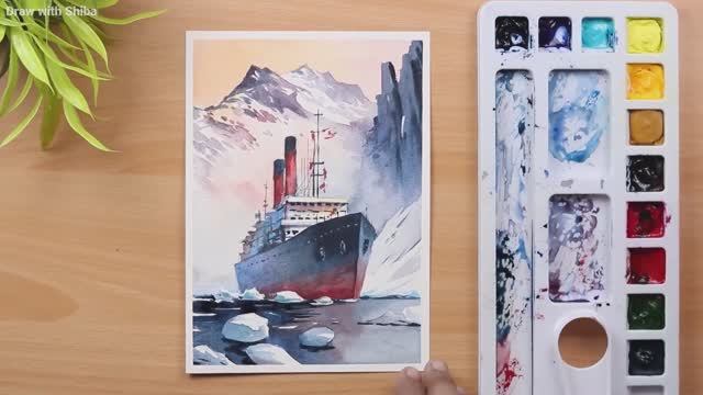 Простая акварельная картина «Красивый корабль в арктических водах»