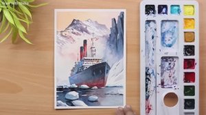 Простая акварельная картина «Красивый корабль в арктических водах»