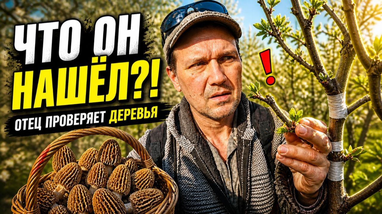 ОТец проверяет привитые деревья и ищет стапные сморчки 2 мая 26г