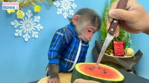 Smart BiBi helps dad make watermelon cake