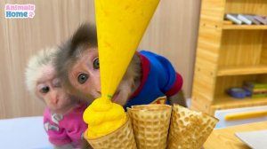 Naughty BiBi makes Ice cream for baby monkey Obi