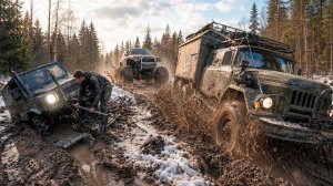 ЛУАЗ НАГИБАТОР поспорил с ГРУЗОВИКАМИ ЗиЛ 131 и Шишига кто круче на бездорожье Уазы офигели.