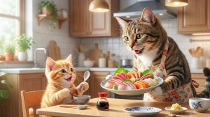 Рыжик обожает сашими… Папа-кот готовит его с душой