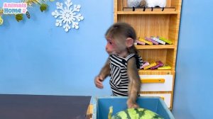 BiBi rowes a boat to pick fruit for baby monkey Obi